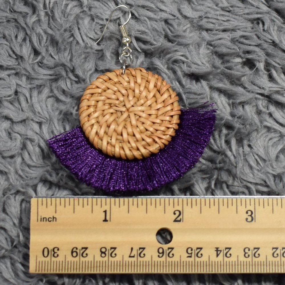 Boho Purple and Wicker Woven Earrings - Picture 5 of 7